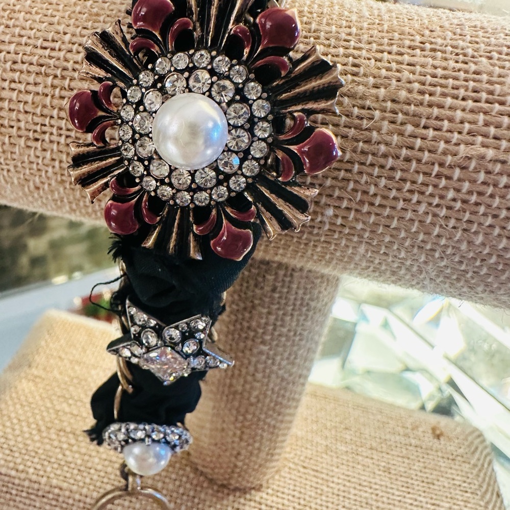 Chloe + Isabel Burgundy, Black Ribbon, Crystal, & Pearl-Like Bracelet (Gold)